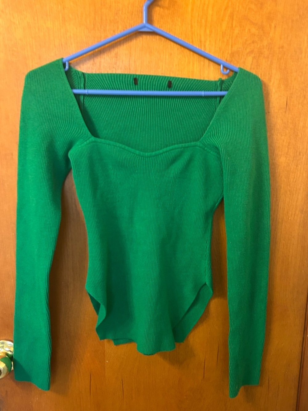 Green Square-Neck Ribbed Long-Sleeve Top - READ DESCRIPTION